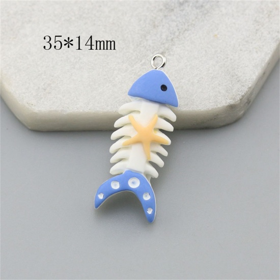 Immagine di 10 Pz Resina Gioielli Oceanici Ciondoli Pendenti Osso di Pesce Tono Argento Blu Stella Marina 3.5cm x 1.4cm