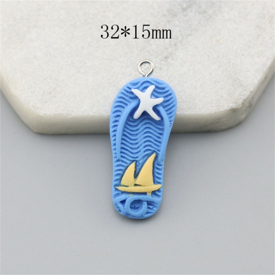 Immagine di 10 Pz Resina Gioielli Oceanici Ciondoli Pendenti Infradito Tono Argento Blu Barca a Vela 3.2cm x 1.5cm