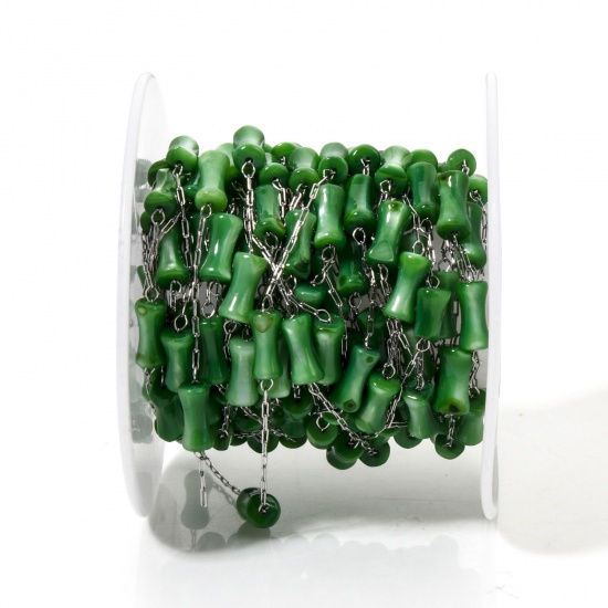 Immagine di 5 M (Circa 5 M/Rotolo) 304 Acciaio Inossidabile & Conchiglie Naturali Catena di Perline Per Risultati di Creazione di Gioielli Fai-da-te Fatti a Mano Forma di Bambù Tono Argento Verde 4mm