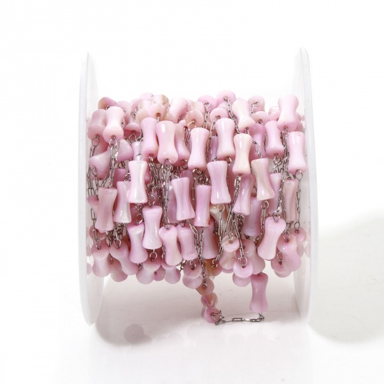 Immagine di 5 M (Circa 5 M/Rotolo) 304 Acciaio Inossidabile & Conchiglie Naturali Catena di Perline Per Risultati di Creazione di Gioielli Fai-da-te Fatti a Mano Forma di Bambù Tono Argento Rosa Chiaro 4mm