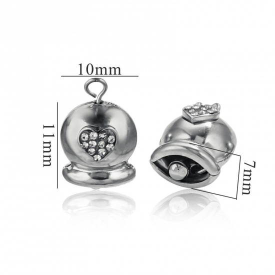 Immagine di 2 Pz 304 Acciaio Inossidabile 3D Ciondoli Natale Jingling Campanello Tono Argento Cuore Trasparente Cubic Zirconiae 16mm x 10mm