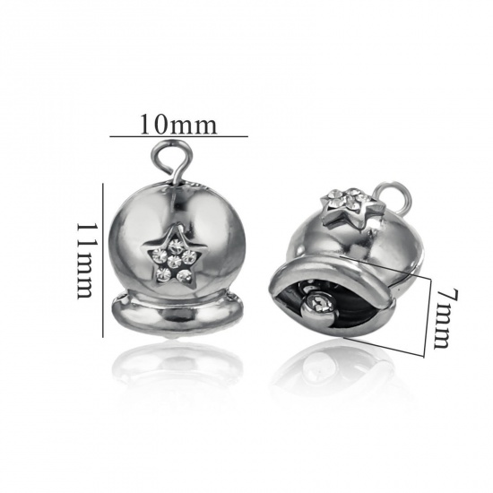 Immagine di 2 Pz 304 Acciaio Inossidabile 3D Ciondoli Natale Jingling Campanello Tono Argento Stella a Cinque Punte Trasparente Cubic Zirconiae 16mm x 10mm