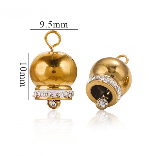 Immagine di 2 Pz Placcatura Sottovuoto 304 Acciaio Inossidabile 3D Ciondoli Natale Jingling Campanello Placcato Oro 18K Trasparente Cubic Zirconiae 16mm x 10mm