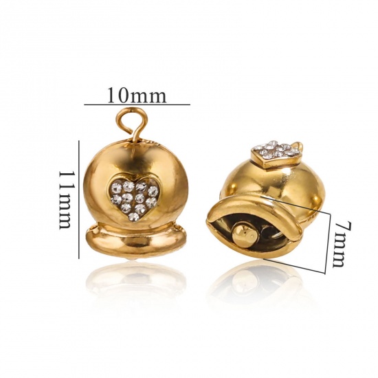 Immagine di 2 Pz Placcatura Sottovuoto 304 Acciaio Inossidabile 3D Ciondoli Natale Jingling Campanello Placcato Oro 18K Cuore Trasparente Cubic Zirconiae 16mm x 10mm