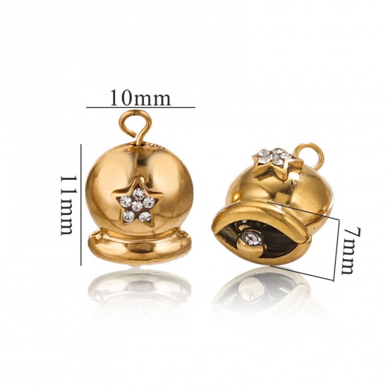 Immagine di 2 Pz Placcatura Sottovuoto 304 Acciaio Inossidabile 3D Ciondoli Natale Jingling Campanello Placcato Oro 18K Stella a Cinque Punte Trasparente Cubic Zirconiae 16mm x 10mm