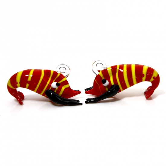 Picture of 1 Piece Lampwork Glass Ocean Jewelry Pendants Red Lobster Stripe 3D 4.5cm x 3cm