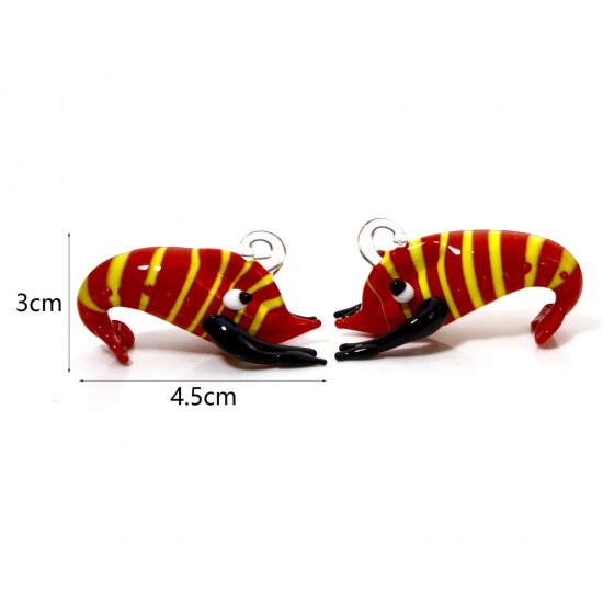 Picture of 1 Piece Lampwork Glass Ocean Jewelry Pendants Red Lobster Stripe 3D 4.5cm x 3cm