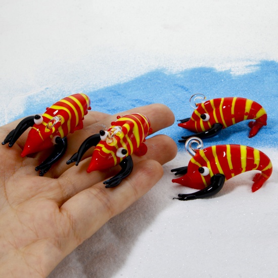 Picture of 1 Piece Lampwork Glass Ocean Jewelry Pendants Red Lobster Stripe 3D 4.5cm x 3cm