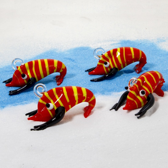 Picture of 1 Piece Lampwork Glass Ocean Jewelry Pendants Red Lobster Stripe 3D 4.5cm x 3cm