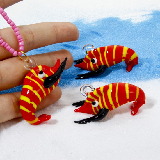 Picture of 1 Piece Lampwork Glass Ocean Jewelry Pendants Red Lobster Stripe 3D 4.5cm x 3cm