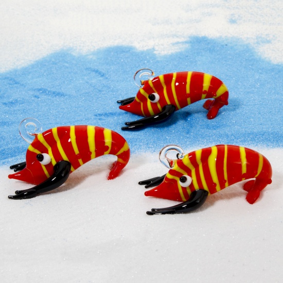 Picture of 1 Piece Lampwork Glass Ocean Jewelry Pendants Red Lobster Stripe 3D 4.5cm x 3cm