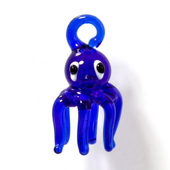 Picture of 1 Piece Lampwork Glass Ocean Jewelry Pendants Dark Blue Octopus 3D 4cm x 2.2cm