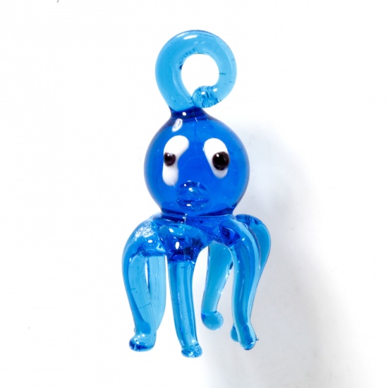 Picture of 1 Piece Lampwork Glass Ocean Jewelry Pendants Blue Octopus 3D 4cm x 2.2cm