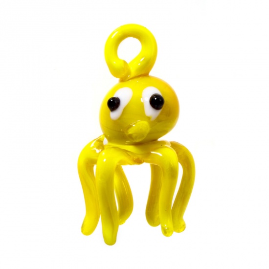 Picture of 1 Piece Lampwork Glass Ocean Jewelry Pendants Yellow Octopus 3D 4cm x 2.2cm