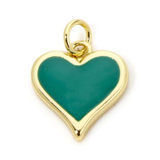 Picture of 1 Piece Eco-friendly Brass Valentine's Day Charms 18K Real Gold Plated Green Heart Enamel 17.5mm x 13mm