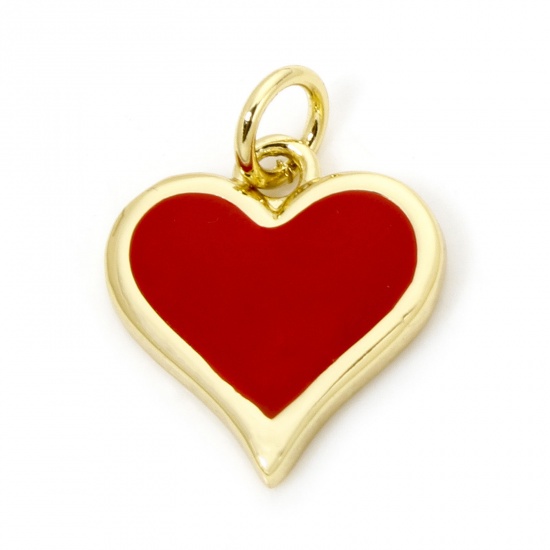 Picture of 1 Piece Eco-friendly Brass Valentine's Day Charms 18K Real Gold Plated Red Heart Enamel 17.5mm x 13mm