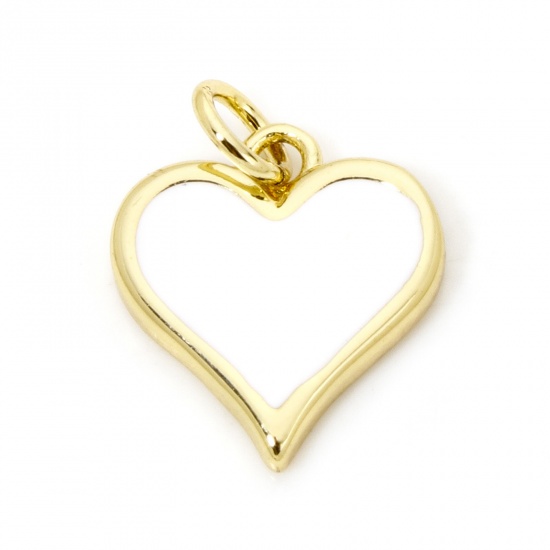 Picture of 1 Piece Eco-friendly Brass Valentine's Day Charms 18K Real Gold Plated White Heart Enamel 17.5mm x 13mm