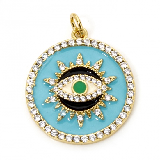 Imagen de 1 Unidad Respetuoso del Medio Ambiente Latón Religión Colgantes Ronda 18K Oro Real Chapado Azul Ojo de la Providencia/Ojo que Todo lo Ve Esmalte Claro Circón Artificial 26mm x 21mm