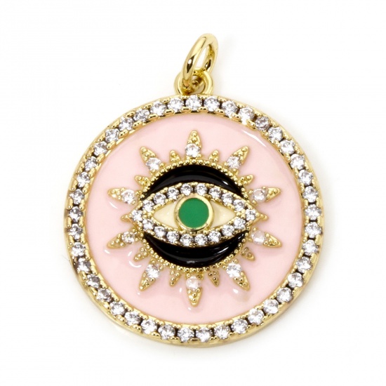 Imagen de 1 Unidad Respetuoso del Medio Ambiente Latón Religión Colgantes Ronda 18K Oro Real Chapado Rosado Ojo de la Providencia/Ojo que Todo lo Ve Esmalte Claro Circón Artificial 26mm x 21mm