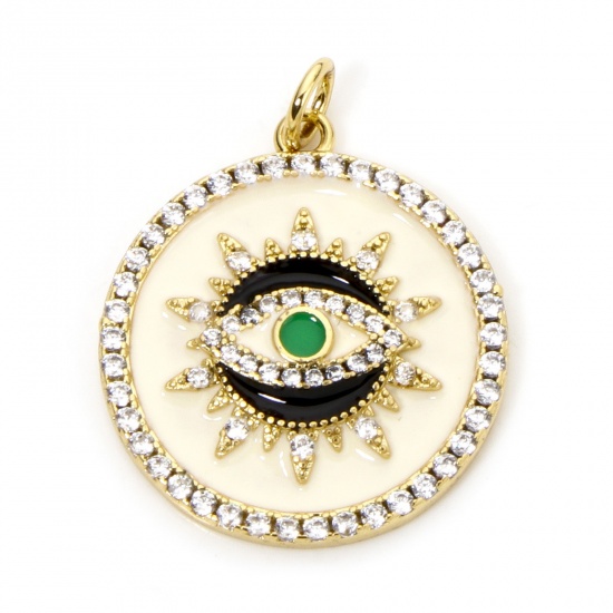 Imagen de 1 Unidad Respetuoso del Medio Ambiente Latón Religión Colgantes Ronda 18K Oro Real Chapado Blanco Crema Ojo de la Providencia/Ojo que Todo lo Ve Esmalte Claro Circón Artificial 26mm x 21mm