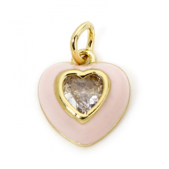 Image de 1 Pièce Breloques La Saint Valentin Respectueux de la Nature en Laiton Plaqué Or Véritable 18K Rose Clair Émail Cœur à Zircone Cubique Clair 15mm x 10.5mm