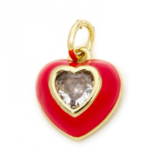 Image de 1 Pièce Breloques La Saint Valentin en Laiton Respectueux de la Nature Cœur Plaqué Or Véritable 18K Fuchsia Émail à Zircone Cubique Clair 15mm x 10.5mm