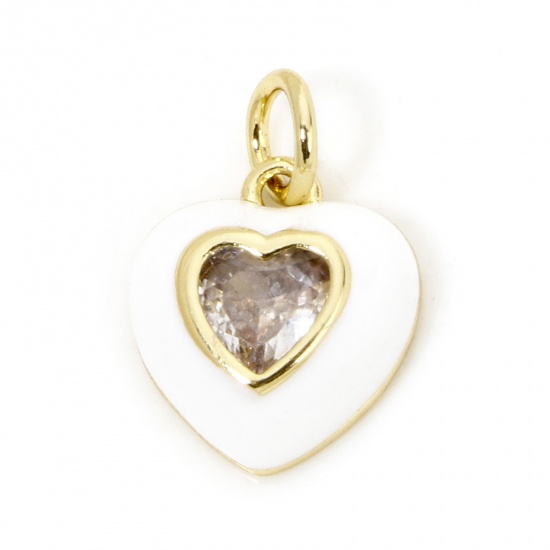 Image de 1 Pièce Breloques La Saint Valentin en Laiton Respectueux de la Nature Cœur Plaqué Or Véritable 18K Blanc Émail à Zircone Cubique Clair 15mm x 10.5mm