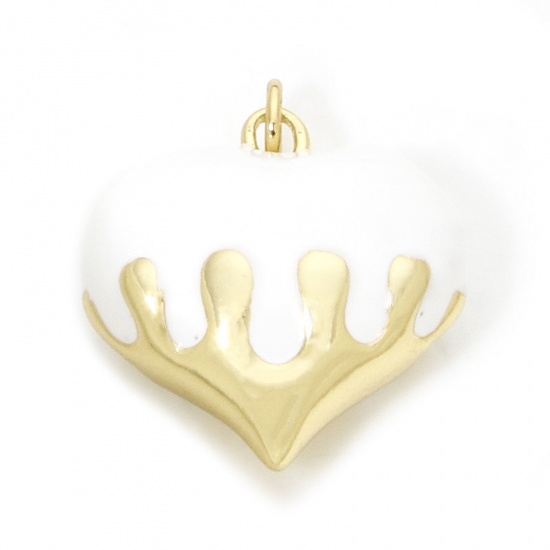 Immagine di 1 Pz Ecologico Ottone San Valentino Ciondoli Cuore 18K Vero Oro Placcato Bianco Smalto 24mm x 20mm