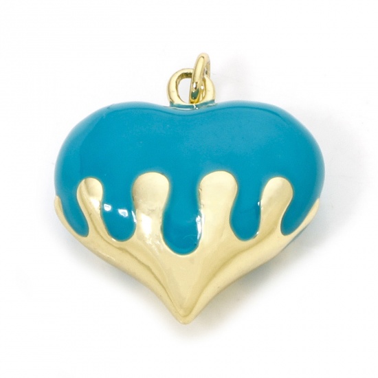 Immagine di 1 Pz Ecologico Ottone San Valentino Ciondoli Cuore 18K Vero Oro Placcato Verde Blu Smalto 24mm x 20mm
