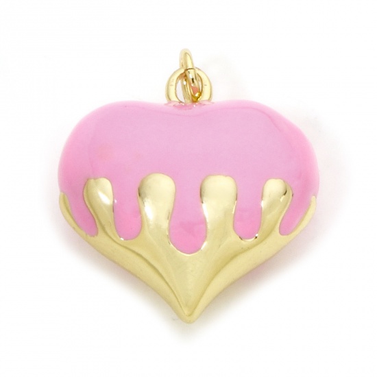 Immagine di 1 Pz Ecologico Ottone San Valentino Ciondoli Cuore 18K Vero Oro Placcato Rosa Smalto 24mm x 20mm
