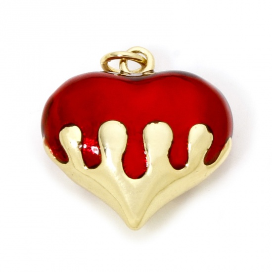 Immagine di 1 Pz Ecologico Ottone San Valentino Ciondoli Cuore 18K Vero Oro Placcato Rosso Smalto 24mm x 20mm