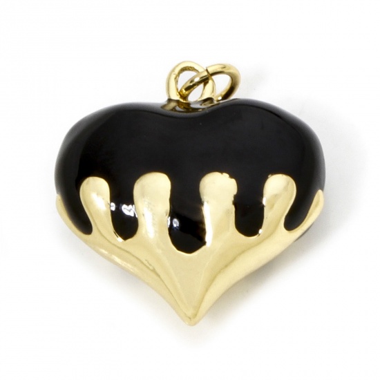 Immagine di 1 Pz Ecologico Ottone San Valentino Ciondoli Cuore 18K Vero Oro Placcato Nero Smalto 24mm x 20mm