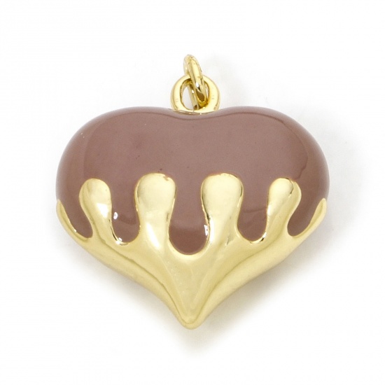 Immagine di 1 Pz Ecologico Ottone San Valentino Ciondoli Cuore 18K Vero Oro Placcato Marrone Chiaro Smalto 24mm x 20mm