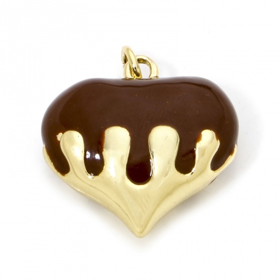 Immagine di 1 Pz Ecologico Ottone San Valentino Ciondoli Cuore 18K Vero Oro Placcato Colore del Caffè Smalto 24mm x 20mm