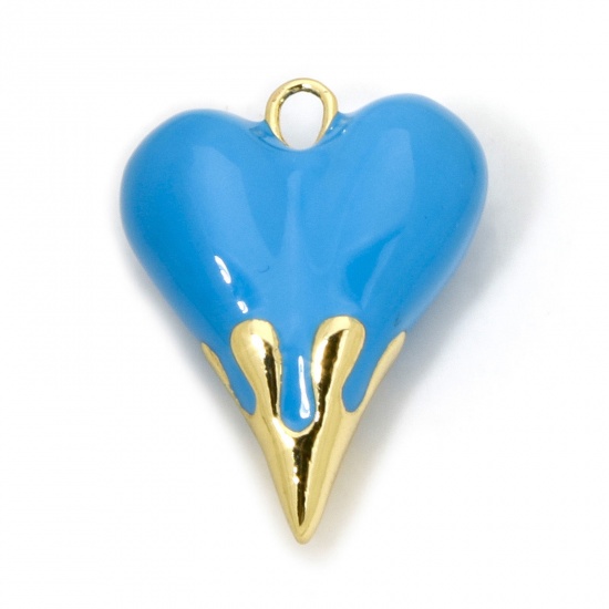 Immagine di 1 Pz Ecologico Ottone San Valentino Ciondoli Cuore 18K Vero Oro Placcato Blu Smalto 25mm x 20mm