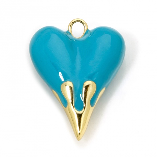 Immagine di 1 Pz Ecologico Ottone San Valentino Ciondoli Cuore 18K Vero Oro Placcato Verde Blu Smalto 25mm x 20mm