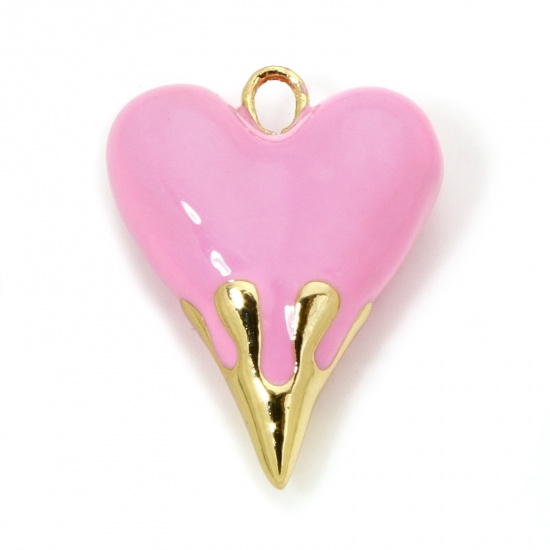 Immagine di 1 Pz Ecologico Ottone San Valentino Ciondoli Cuore 18K Vero Oro Placcato Rosa Smalto 25mm x 20mm