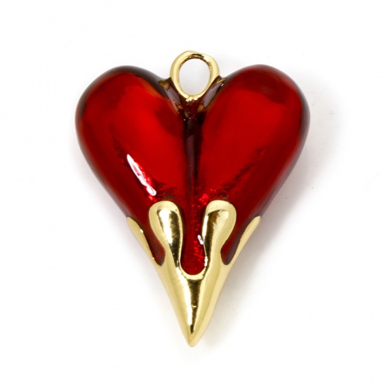 Immagine di 1 Pz Ecologico Ottone San Valentino Ciondoli Cuore 18K Vero Oro Placcato Rosso Smalto 25mm x 20mm