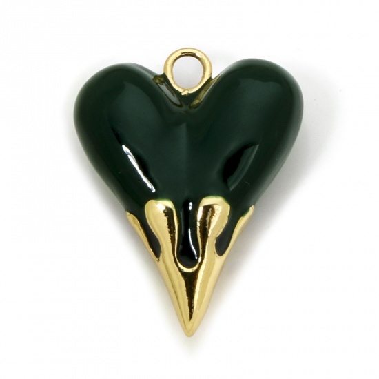 Immagine di 1 Pz Ecologico Ottone San Valentino Ciondoli Cuore 18K Vero Oro Placcato Verde Scuro Smalto 25mm x 20mm