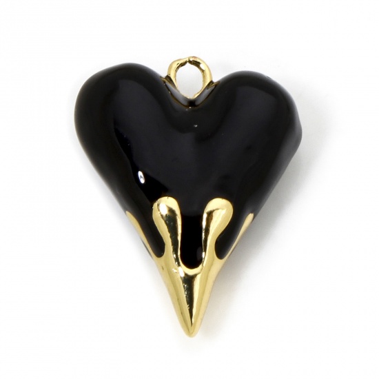 Immagine di 1 Pz Ecologico Ottone San Valentino Ciondoli Cuore 18K Vero Oro Placcato Nero Smalto 25mm x 20mm