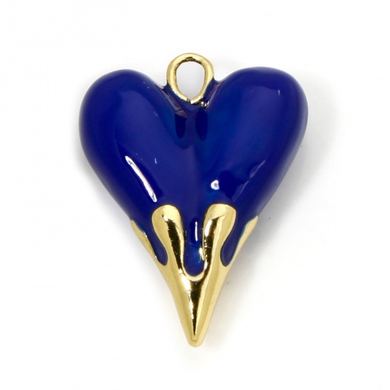 Immagine di 1 Pz Ecologico Ottone San Valentino Ciondoli Cuore 18K Vero Oro Placcato Blu Scuro Smalto 25mm x 20mm