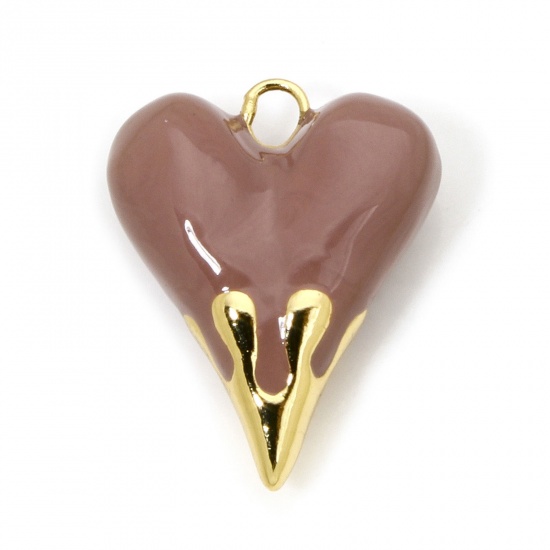 Immagine di 1 Pz Ecologico Ottone San Valentino Ciondoli Cuore 18K Vero Oro Placcato Marrone Chiaro Smalto 25mm x 20mm