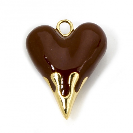 Immagine di 1 Pz Ecologico Ottone San Valentino Ciondoli Cuore 18K Vero Oro Placcato Colore del Caffè Smalto 25mm x 20mm