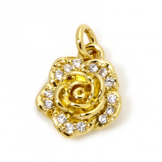 Immagine di 1 Pz Ecologico Ottone Ciondoli Rosa 18K Vero Oro Placcato 3D Trasparente Cubic Zirconiae 13mm x 9mm