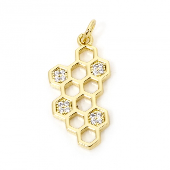 Imagen de 1 Unidad Respetuoso del Medio Ambiente Latón Colgantes Dainty Colmena 18K Oro Real Chapado Micro Pave Claro Circón Artificial 26mm x 12mm