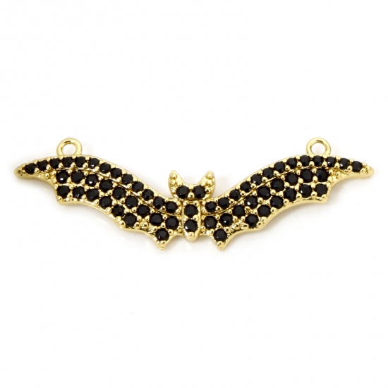 Picture of 1 Piece Eco-friendly Brass Halloween Connectors Charms Pendants Halloween Bat Animal 18K Real Gold Plated Micro Pave Black Cubic Zirconia 3.9cm x 1.3cm