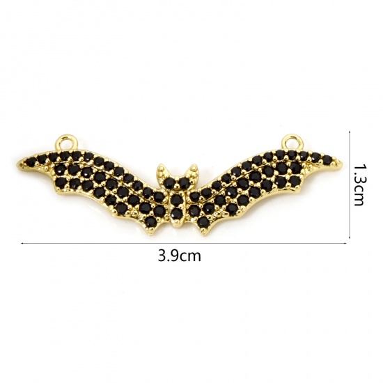 Picture of 1 Piece Eco-friendly Brass Halloween Connectors Charms Pendants Halloween Bat Animal 18K Real Gold Plated Micro Pave Black Cubic Zirconia 3.9cm x 1.3cm
