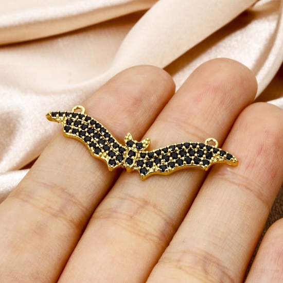 Picture of 1 Piece Eco-friendly Brass Halloween Connectors Charms Pendants Halloween Bat Animal 18K Real Gold Plated Micro Pave Black Cubic Zirconia 3.9cm x 1.3cm