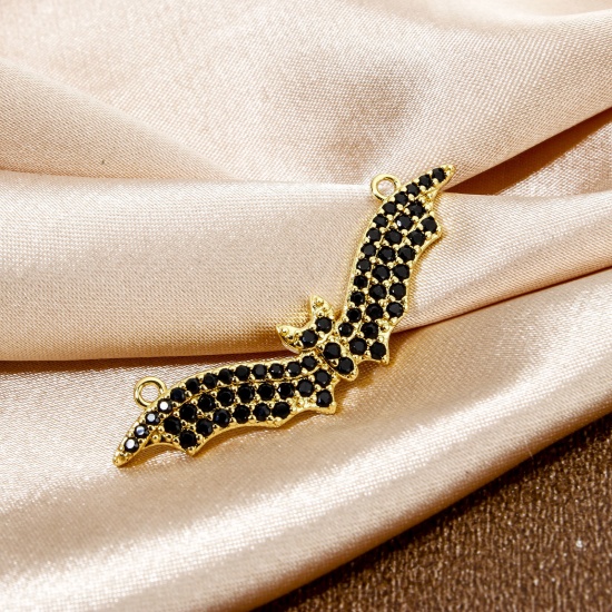 Picture of 1 Piece Eco-friendly Brass Halloween Connectors Charms Pendants Halloween Bat Animal 18K Real Gold Plated Micro Pave Black Cubic Zirconia 3.9cm x 1.3cm