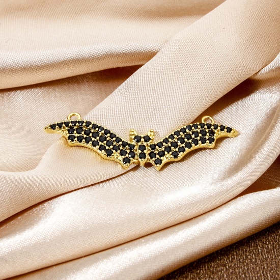 Picture of 1 Piece Eco-friendly Brass Halloween Connectors Charms Pendants Halloween Bat Animal 18K Real Gold Plated Micro Pave Black Cubic Zirconia 3.9cm x 1.3cm